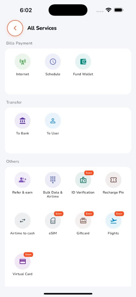 FinalDataSub mobile app — All Services screen with bills, transfers, eSIM and more